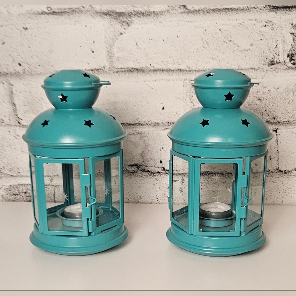 Vintage IKEA Teal Lantern Set Star Cutout 1999 Candle Holders